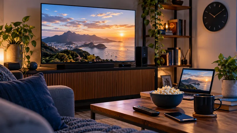 Televisão e tela auxiliar com paisagens, canecas e tigela de pipoca sobre mesa de centro.