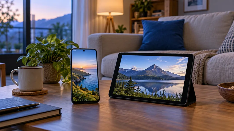 Celular e tablet com paisagens de montanhas sobre mesa de madeira diante de sofá.