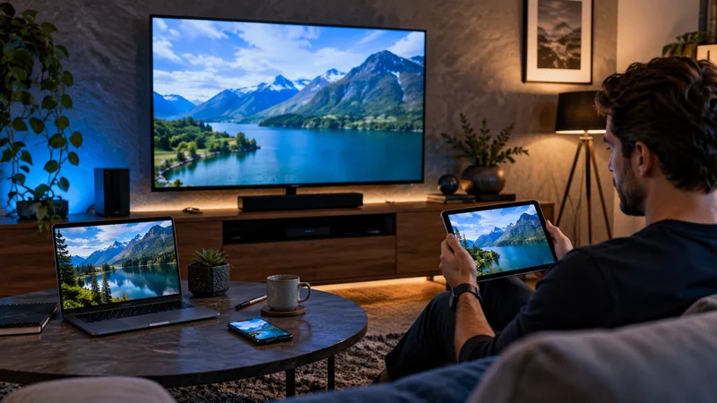 Pessoa com tablet diante de televisão com montanhas, notebook e celular sobre a mesa.