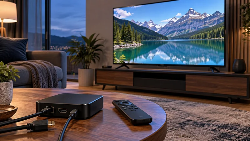 Aparelho de reprodução com cabos e controle remoto diante de televisão com montanhas e lago, em sala ao entardecer.